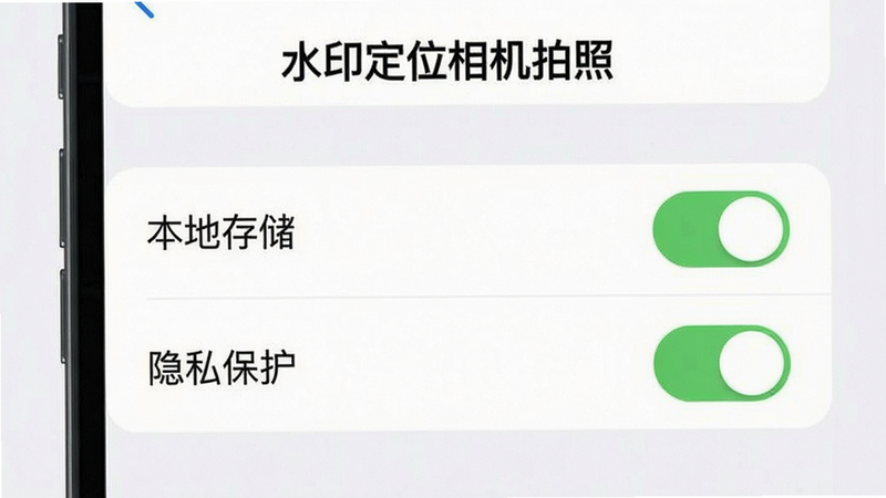“水印定位相机拍照”App的安全设置页面,显示“本地存储”、“隐私保护”开关开启状态,布局简洁,排版规范,风格信任感强,细节明确,画质高清,无干扰元素