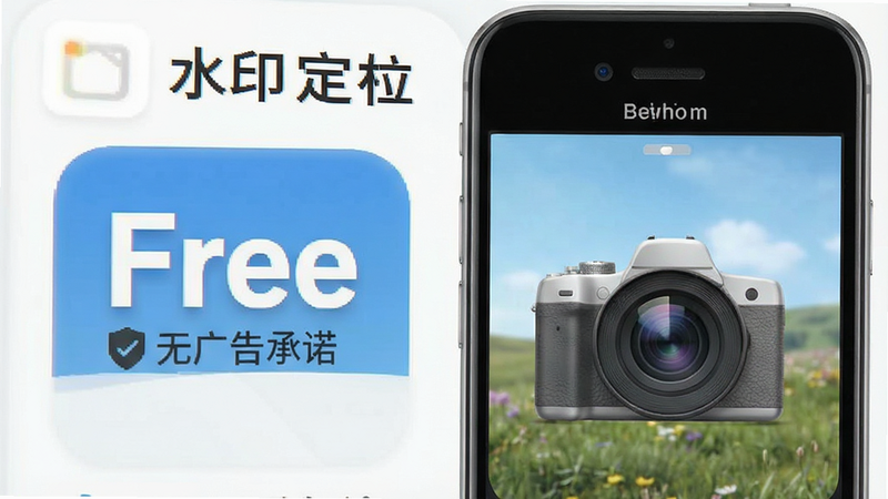 “水印定位相机拍照”App的免费标识页面,显示“Free”字样及无广告承诺,布局简洁醒目,排版大方,风格透明可信,细节清晰,画质高,无误导元素
