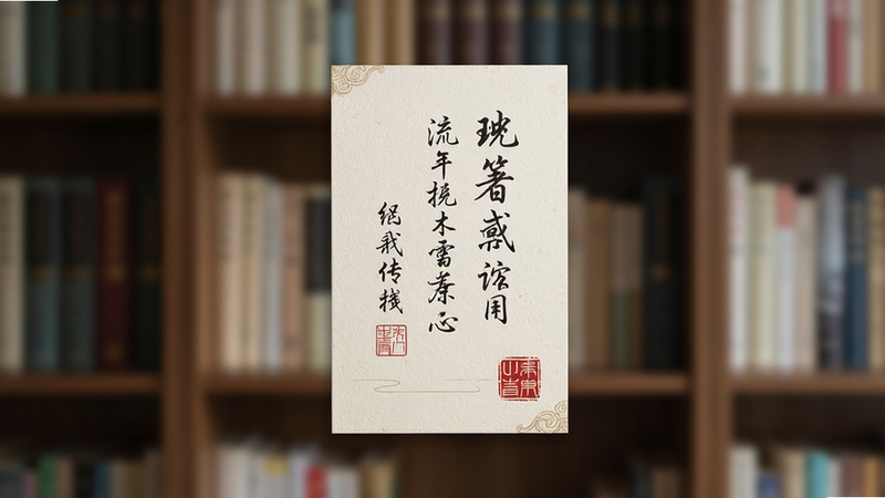 展示书笺生成界面,一张精美的竖版卡片悬浮于屏幕中央,卡片上有手写体文字和红色印章,背景为虚化的书架,色彩典雅,风格精致,细节展现纸张质感,画质高,干净无干扰