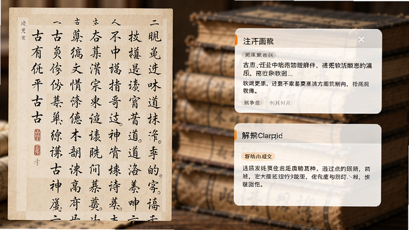展示软件解析功能界面,左侧为古文原文,右侧为动态生成的解析卡片,包含注释和译文,背景为模糊的古书堆叠,色调温暖柔和,风格写实,细节丰富,画质清晰,无杂乱背景