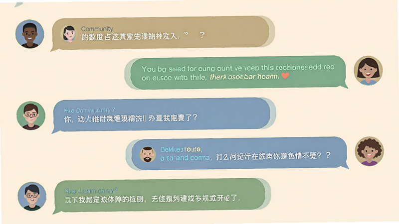 展示社区讨论界面,多个用户头像和评论气泡,背景为柔和的米色,风格扁平化,细节展现对话内容,画质清晰,无杂乱元素