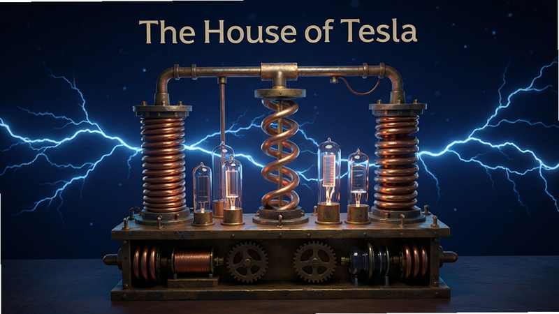 主体为The House of Tesla游戏主界面,布局采用中心对称构图,中央是一座带有铜色线圈和玻璃管的复古科学实验室,背景是深蓝色的夜空与流动的电流特效,排版简洁大气,风格为写实与蒸汽朋克结合,细节丰富展现金属质感与光影折射,画质8k高清,干净无多余元素,无文字