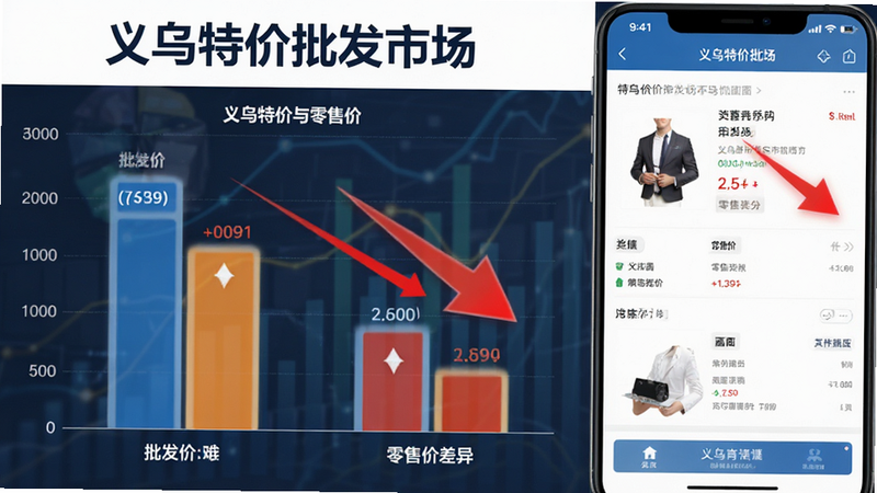 主体为价格对比图表与应用界面结合,布局左侧为柱状图展示批发价与零售价差异,右侧为应用内商品详情页,排版左右分栏,风格为数据可视化商务风,细节包含红色下箭头表示降价趋势,画质清晰,干净,无多余元素,文字“义乌特价批发市场”