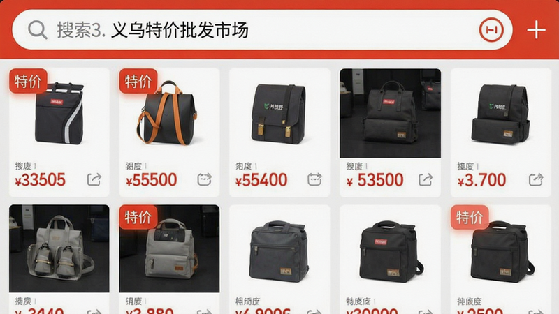 主体为义乌特价批发市场Android应用界面截图,布局采用顶部搜索栏与下方网格状商品列表,排版清晰整洁,风格为现代扁平化商务UI,细节包含高亮显示的“特价”标签与价格数字,画质高清,干净,无多余元素,文字“义乌特价批发市场”清晰可见