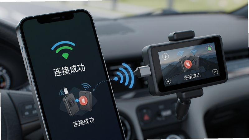��д�ӽ�չʾ�ֻ����г���¼���豸ͨ��Wi-Fi���ӵ�ʾ��ͼ������Ϊ�ֻ���Ļ��ʾ�����ӳɹ���״̬�����ּ�࣬���Ƽ���ǿ��ϸ�ڰ����źŲ���ͼ�ꡢ�豸��Զ��������ʾ�ϸ�������黯��ͻ�����壬�����ұ�����