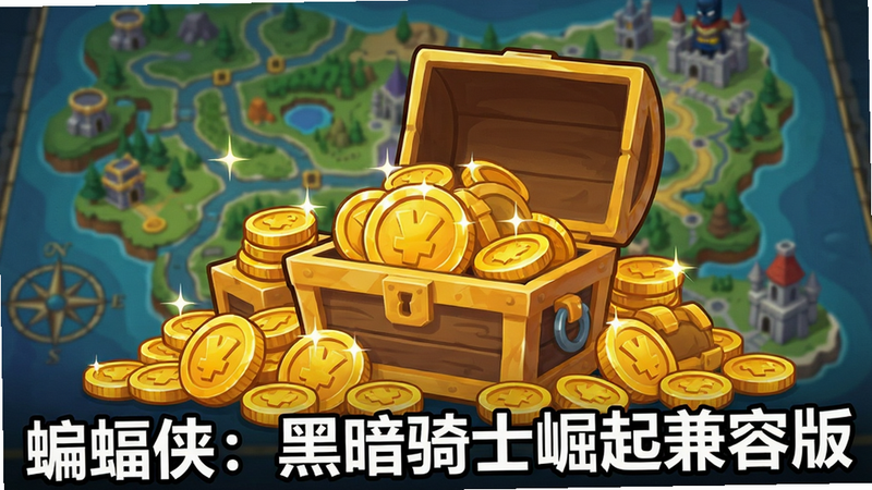 主体为金币与宝箱堆叠的场景,背景为游戏地图,布局饱满,排版具有吸引力,风格为卡通游戏资产,细节显示金币闪烁效果,画质鲜艳,干净,无多余元素,文字