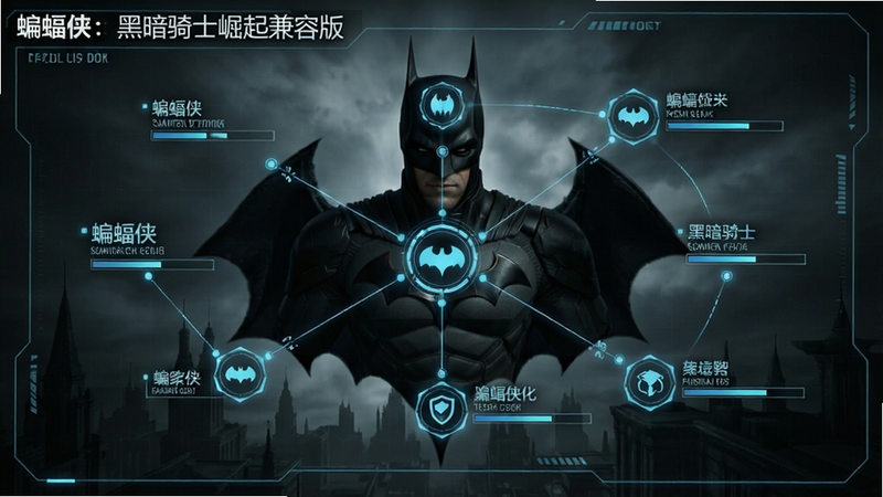 主体为任务选择界面,背景是哥谭地图,多个任务节点以发光图标形式分布,布局呈网络状,排版有序,风格为科幻HUD界面,细节显示任务名称与进度条,画质细腻,干净,无多余元素,文字