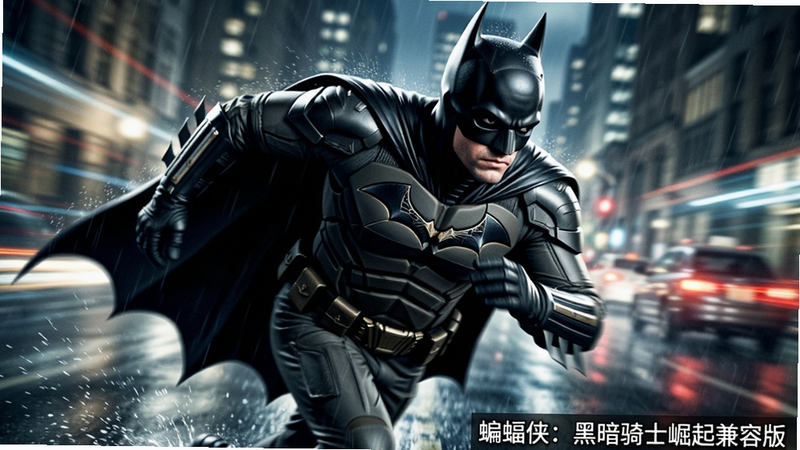 主体为蝙蝠侠在雨中奔跑的动态瞬间,周围是模糊的城市灯光轨迹,突出速度感与力量感,布局充满张力,排版紧凑,风格为电影级动作捕捉,细节展现雨水飞溅效果,画质锐利,干净,无多余元素,文字