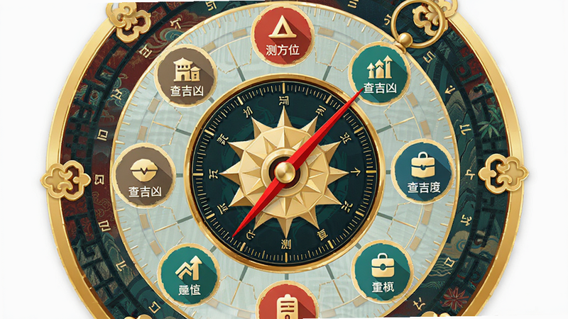 主体为开运风水罗盘APP界面,布局呈圆形罗盘结构,中心显示方位刻度,周围环绕功能图标如“测方位”、“查吉凶”,排版简洁对称,风格为现代扁平化结合中国风纹理,细节包含金色边框与红色指针,画质高清,干净,无多余元素,文字包含