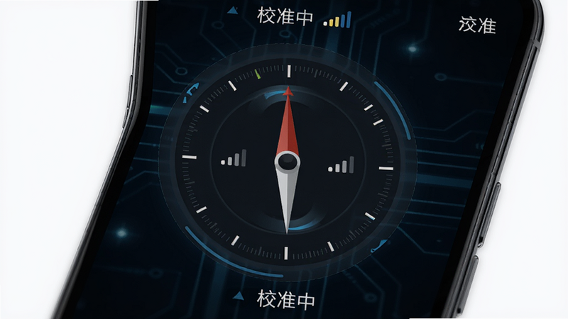主体为手机屏幕显示罗盘校准过程,布局为中央大圆环,指针正在旋转对齐,背景为深色科技风,排版清晰突出中心操作区,风格简约专业,细节显示信号强度图标与校准提示文字,画质清晰,干净,无多余元素,文字包含