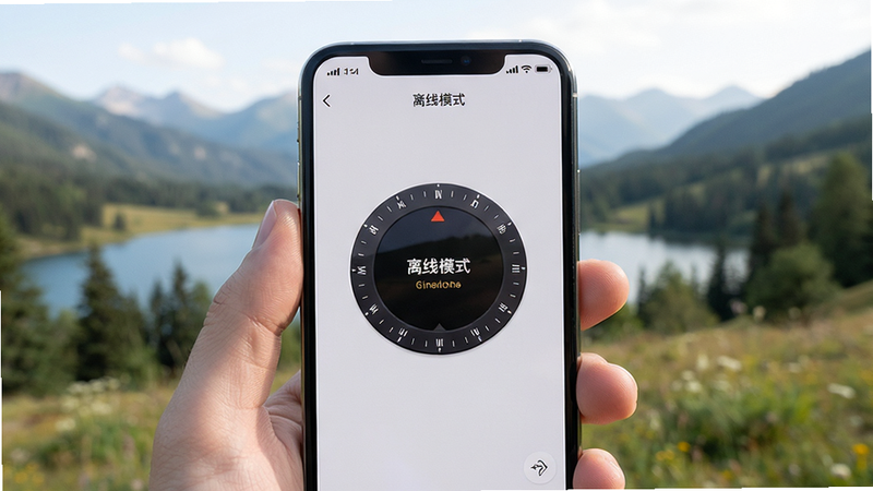 主体为手机断网状态下使用APP的场景,布局为单屏显示罗盘界面,背景为户外自然风景,排版简洁,风格写实摄影感,细节显示手机状态栏无信号图标但APP正常运行,画质逼真,干净,无多余元素,文字包含