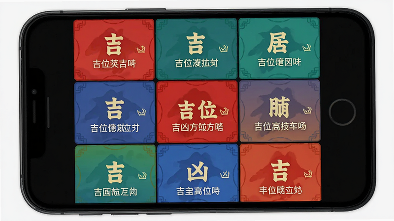 主体为手机界面显示吉凶方位图,布局为九宫格形式,不同颜色代表不同方位状态,如红色代表吉,蓝色代表凶,排版工整,风格为中国传统色彩搭配现代UI,细节包含方位名称与简要说明,画质细腻,干净,无多余元素,文字包含