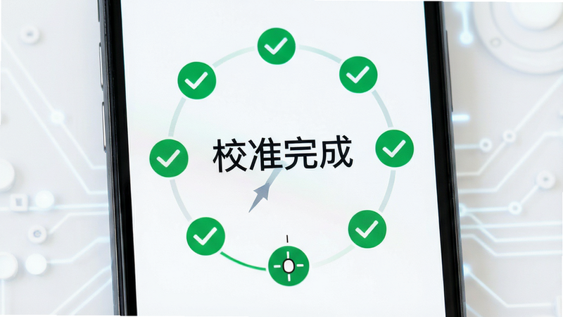 主体为手机屏幕显示校准成功的界面,布局为中央显示“校准完成”字样,周围环绕绿色对勾图标,排版简洁明了,风格清新科技风,细节显示指针归零状态,画质高清,干净,无多余元素,文字包含