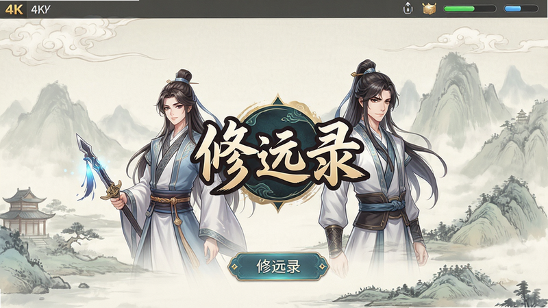 主体为《修远录》安卓应用的主界面概览图,布局采用居中对称式,中心展示游戏Logo与核心角色立绘,背景为淡雅古风山水纹理,排版简洁大气,风格为高品质二次元插画结合UI设计,细节处包含精美的按钮图标与状态栏,画质为4K超清,画面干净无多余杂乱元素,文字清晰显示“修远录”