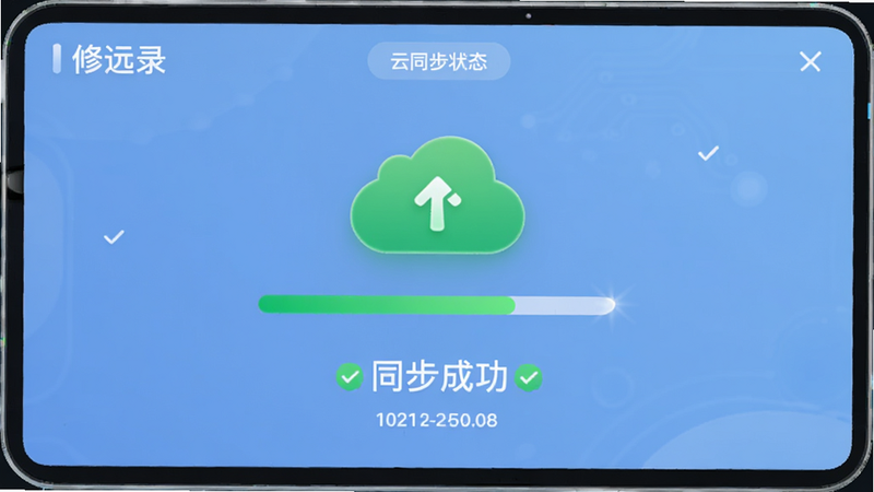 主体为《修远录》的云同步状态提示界面,布局简洁,中心显示一个绿色的云端同步图标与进度条,下方文字提示“同步成功”,背景为柔和的渐变蓝色,风格为极简主义科技风,细节包含微小的对勾符号与时间戳,画质清晰,文字醒目,整体传达安全与可靠的感觉