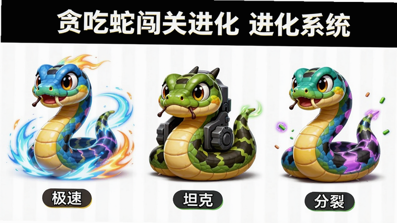 主体为三种不同形态的贪吃蛇角色展示,布局为横向排列,分别标注