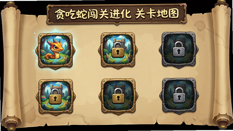 主体为游戏地图选择界面,布局为卷轴式展开,显示多个已解锁与未解锁的关卡节点,排版有序,风格为奇幻冒险风,细节展示关卡图标与锁标志,画质清晰,干净,文字包含