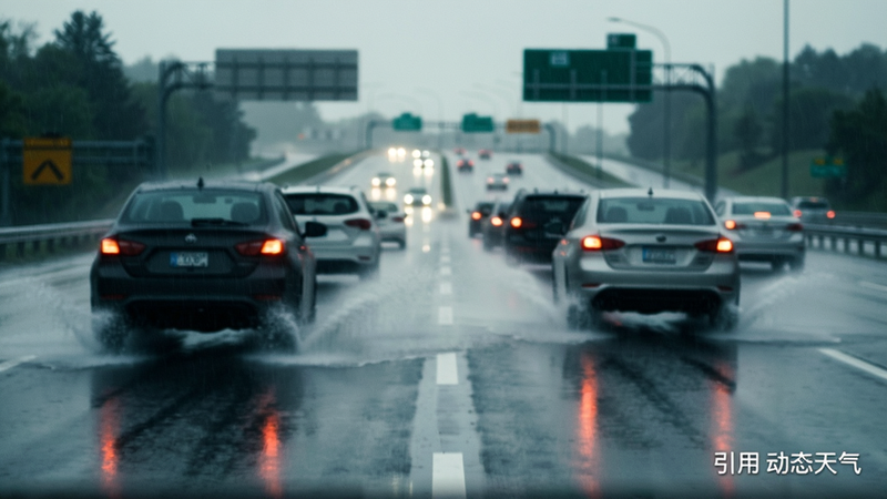 主体为雨天高速公路场景,车辆溅起水花,布局强调纵深感,排版聚焦于车辆与路面,风格为写实电影感,细节包含雨滴、湿滑路面反光、模糊的背景,画质细腻,干净,无多余元素,文字引用