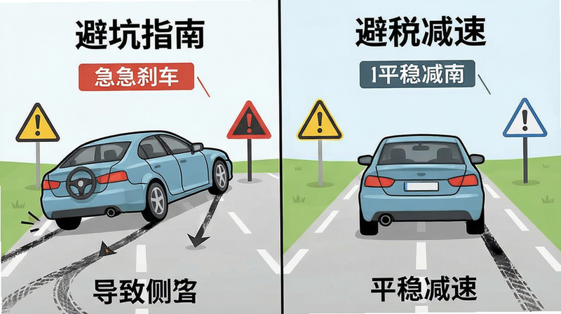 主体为新手驾驶错误场景对比图,左侧为急刹车导致侧滑,右侧为平稳减速,布局左右分屏,排版清晰对比,风格为示意图,细节包含车辆姿态、路面痕迹、警示标志,画质清晰,干净,无多余元素,文字引用
