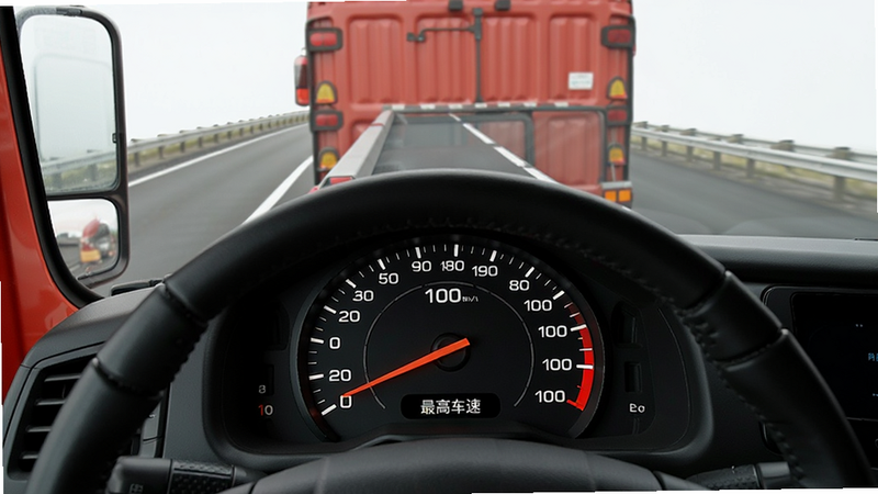 主体为货车在高速行驶,仪表盘显示速度100km/h,布局聚焦于仪表盘和前方道路,排版简洁,风格为写实,细节包含速度表指针、货车尾部、路面标线,画质高清,干净,无多余元素,文字引用