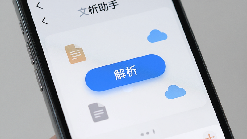 手机屏幕特写,显示“文析助手”应用界面,背景为浅灰色,界面中央有一个醒目的蓝色解析按钮,周围环绕着文档图标和云图标,风格简约现代,高清,无多余元素