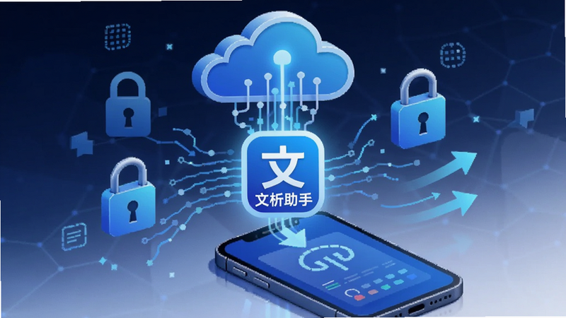 抽象的科技风格插图,展示数据流从云端流向手机屏幕,中心是“文析助手”的Logo,周围有安全锁图标和速度箭头,蓝色调为主,细节丰富,干净背景
