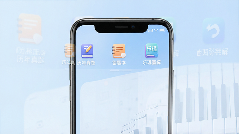 高分音基安卓APP界面展示,主体为手机屏幕居中,显示首页导航栏,包含“历年真题”、“错题本”、“乐理图解”等清晰图标,背景为柔和的淡蓝色渐变,风格简约现代,无多余装饰,4k高清,干净利落