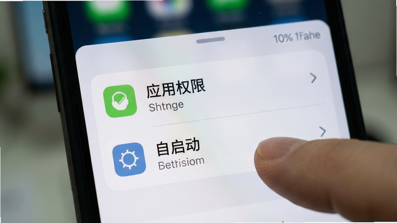 手机设置界面展示,突出显示“应用权限”与“自启动”设置项,手指点击图标示意,背景模糊处理,聚焦清晰,风格写实,无水印,高清细节
