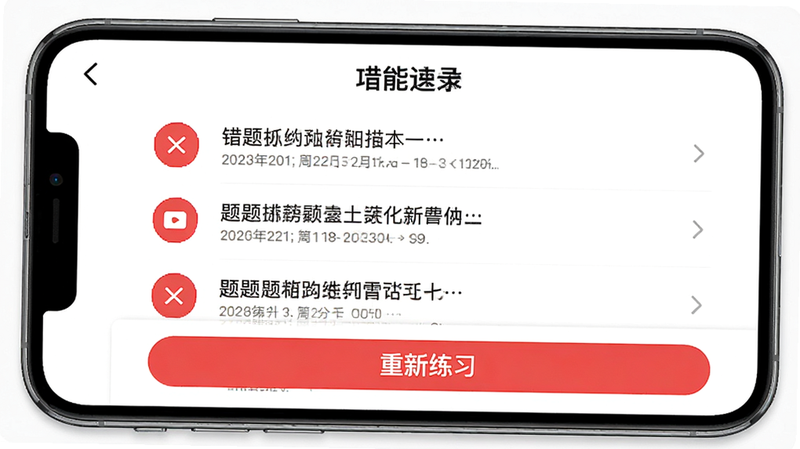 高分音基错题本功能界面,手机屏幕显示列表式错题记录,左侧有红色标记图标,右侧显示题目摘要,底部有“重新练习”按钮,背景白色,排版整齐,字体清晰,无阴影干扰,高质量UI设计