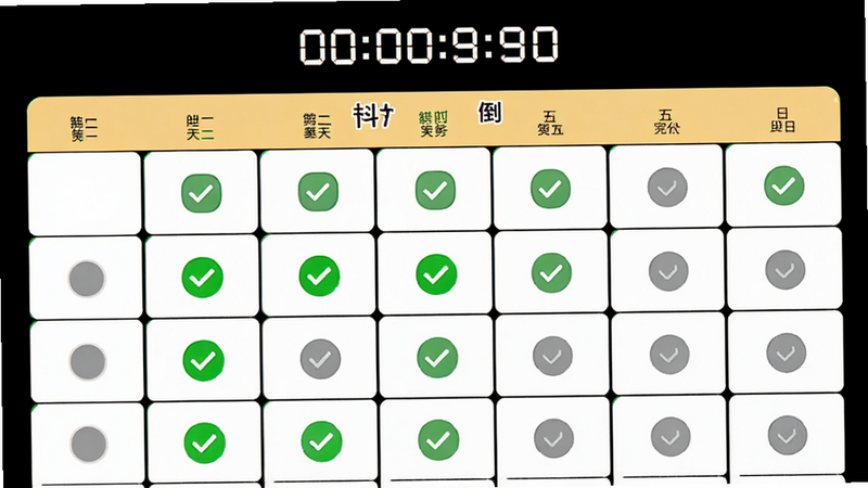 高分音基学习计划界面,日历视图展示每日任务进度,已完成任务显示绿色对勾,未完成任务显示灰色圆圈,顶部显示倒计时天数,界面清爽,色彩对比鲜明,无杂乱元素,4k分辨率
