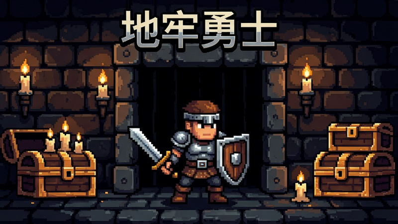主体为地牢勇士游戏主界面,布局采用居中构图,展示一个手持剑与盾的像素角色站在石制地牢入口前,背景是幽暗的烛光与堆叠的宝箱,排版简洁大气,风格为复古像素风,细节丰富展现金属质感与光影效果,画质高清,干净,无多余元素,文字标注