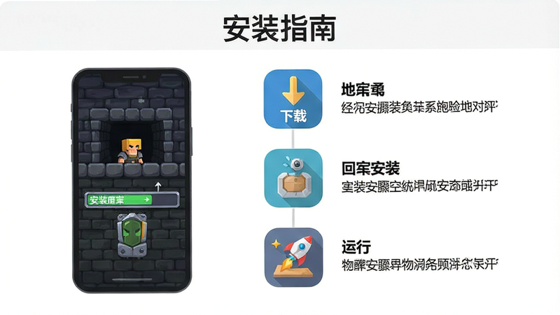 主体为手机安装地牢勇士的步骤示意图,布局为左侧手机屏幕显示安装进度条,右侧列出三个关键步骤图标(下载、安装、运行),排版简洁明了,风格为扁平化矢量风,细节清晰标注操作要点,画质清晰,干净,无多余元素,文字标注
