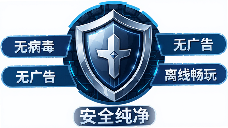 主体为地牢勇士的安全认证标识,布局为中心盾牌图标,周围环绕“无病毒”、“无广告”、“离线畅玩”三个标签,排版对称平衡,风格为科技感矢量风,细节展示盾牌光泽与标签清晰度,画质高清,干净,无多余元素,文字标注