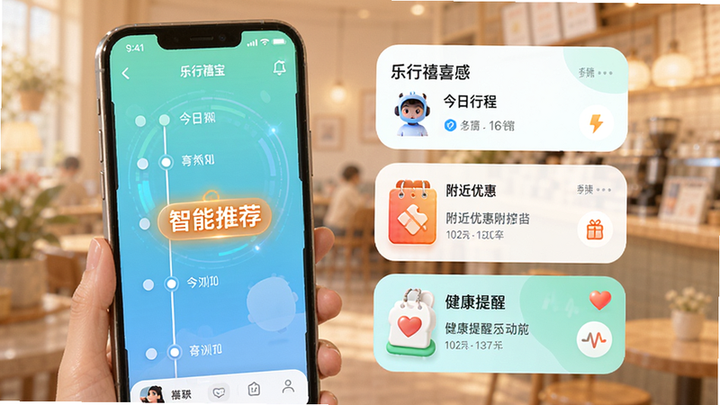 展示乐行禧宝APP界面,左侧为时间轴,右侧为动态卡片,卡片内容包括“今日行程”、“附近优惠”、“健康提醒”,界面色调清新,采用圆角卡片设计,背景虚化处理,突出前景UI元素,风格科技且温馨,细节精致,文字“智能推荐”高亮显示,画质清晰
