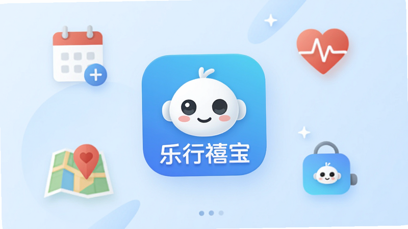 主体为乐行禧宝应用图标,背景为柔和的浅蓝色渐变,图标位于画面中央,周围环绕着抽象的生活场景元素如日历、地图定位、健康心率等扁平化图标,排版整洁有序,风格现代简约,细节清晰无噪点,画质高清,干净无多余元素,文字“乐行禧宝”清晰可见