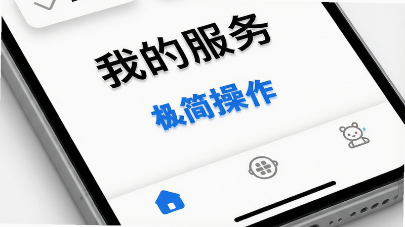 乐行禧宝APP主界面特写,展示极简化的底部导航栏,三个主要图标清晰可见,屏幕中间为大号字体显示“我的服务”,背景为纯白色,光线均匀柔和,风格极简主义,细节处体现阴影层次感,文字“极简操作”以蓝色加粗显示,画质纯净,无杂乱元素