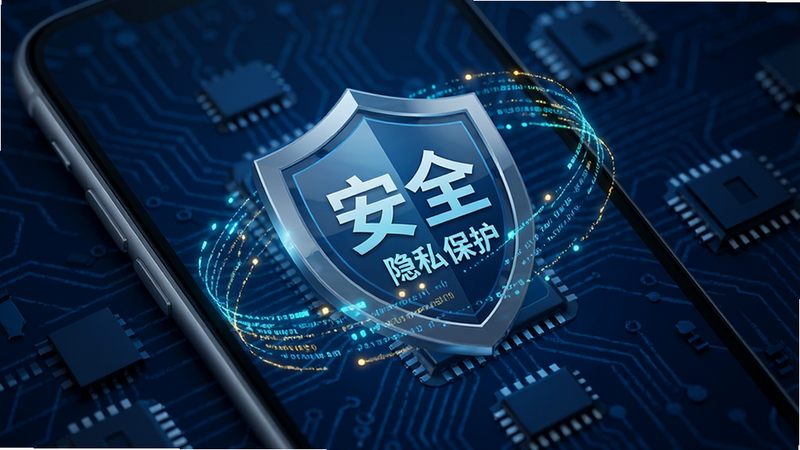盾牌图标位于手机屏幕中央,背景为深蓝色科技感纹理,盾牌上有“安全”二字,周围环绕数据流线条,风格现代,细节丰富,画质清晰,无杂乱元素,文字“隐私保护”清晰可见