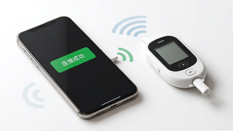 展示手机与蓝牙血糖仪通过无线信号连接的场景,手机屏幕上显示“连接成功”的绿色提示,背景为干净的白色桌面,旁边放置着一个小巧的血糖仪,光线明亮柔和,体现科技与医疗结合的质感,画面干净,无杂乱背景