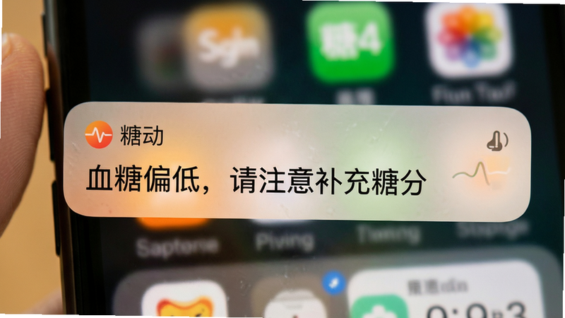 手机通知栏弹出“糖动”预警消息的特写,消息内容为“血糖偏低,请注意补充糖分”,背景模糊处理以突出通知内容,色调温和但警示意味明显,体现APP的贴心守护功能,高清摄影风格