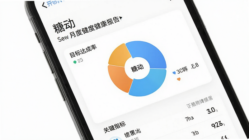 手机屏幕上显示“糖动”月度健康报告页面,包含目标达成率饼图和关键指标列表,界面简洁专业,背景为纯白,突出报告内容,体现数据驱动的健康管理价值,清晰锐利