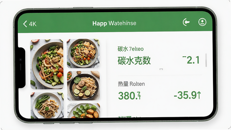 展示APP内的饮食记录界面,左侧为食物照片缩略图,右侧显示对应的碳水克数和热量数值,界面设计清新,采用绿色为主色调,体现健康饮食理念,布局紧凑合理,文字易读,4k画质