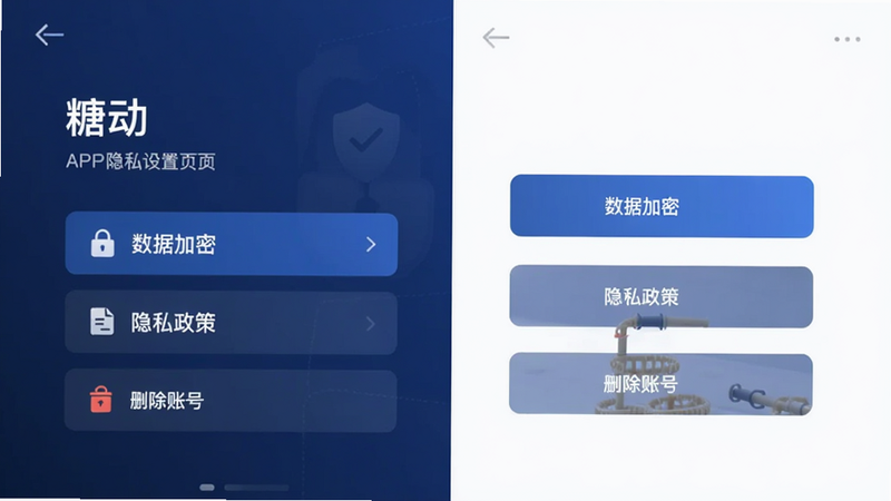 展示“糖动”APP隐私设置页面的概念图,包含“数据加密”、“隐私政策”、“删除账号”等选项,界面设计严谨专业,背景为深蓝色调,体现安全感与专业性,文字清晰,无多余元素