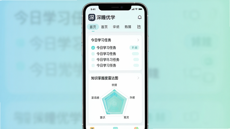主体为深瞳优学APP的手机界面全景图,布局清晰,上方显示“深瞳优学”Logo及首页导航,中间区域展示“今日学习任务”与“知识掌握度雷达图”两个核心模块,排版简洁现代,风格为扁平化设计,细节处体现柔和的蓝绿色调,画质高清,干净无多余元素