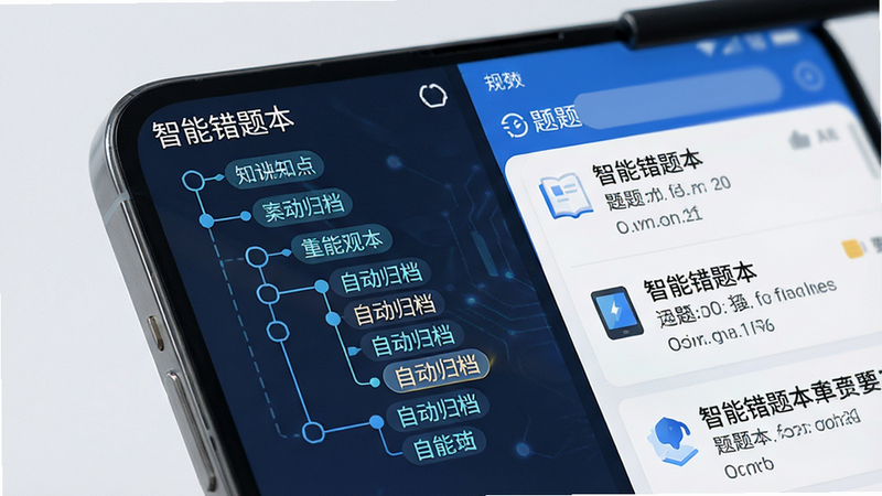 主体为手机屏幕特写,显示“智能错题本”界面,布局分为左侧知识点树状图和右侧题目列表,排版有序,风格科技感强,细节展示自动归档标签,画质清晰,干净无杂乱背景
