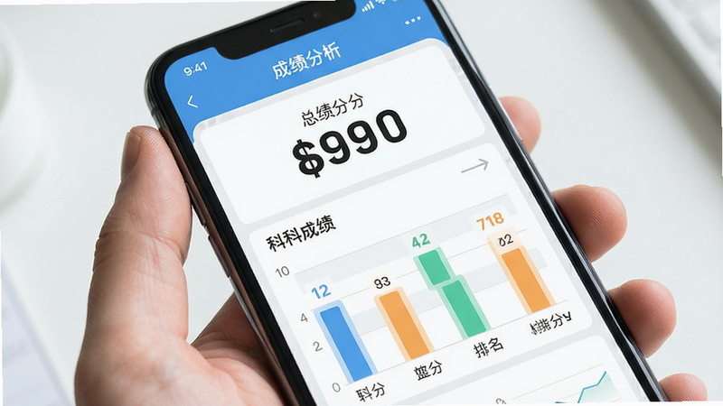 主体为手机屏幕显示“成绩分析”页面,布局上方为总分大字显示,下方为各科成绩柱状图,风格清新简洁,细节展示具体分数与排名,画质高清,干净无杂物