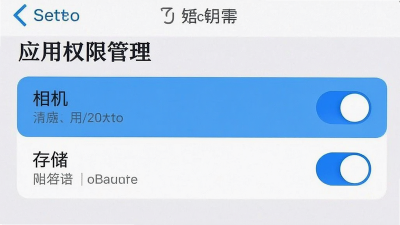 主体为手机设置界面的截图,布局清晰显示“应用权限管理”列表,高亮显示“相机”与“存储”权限开关,风格简洁直观,细节体现权限状态图标,画质清晰,干净无干扰元素