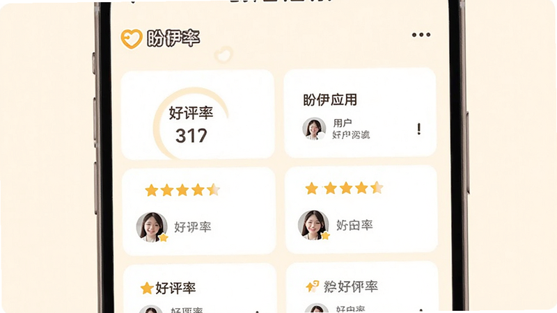 主体是盼伊应用的用户评价页面,布局为卡片式,排版清晰,风格为友好温馨,细节显示五星好评与用户头像,背景为浅色,画质清晰,干净,无多余元素,文字包含