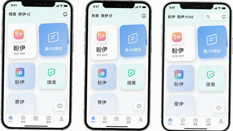 主体是盼伊App的手机界面截图,布局为竖屏全屏展示,排版简洁现代,顶部显示状态栏,中间区域展示核心功能卡片,底部为导航栏,风格为扁平化科技风,细节包含清晰的图标设计与柔和的阴影效果,画质高清,干净,无多余元素,文字包含