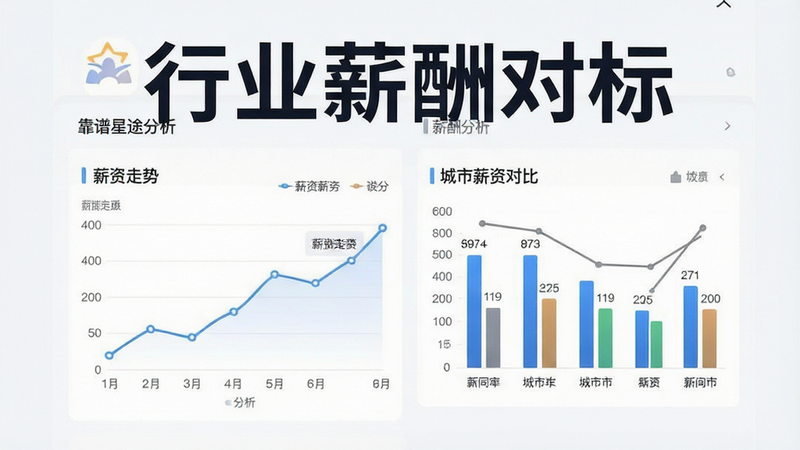 一张展示薪资对比图表的商务场景图,主体为“靠谱星途”APP的薪酬分析页面,布局包含折线图展示薪资走势,条形图对比不同城市薪资,排版数据可视化风格,风格专业冷静,细节精准,画质锐利,干净背景,文字“行业薪酬对标”突出显示