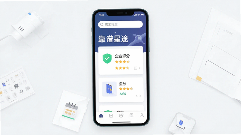 一张现代简约风格的应用界面展示图,主体为“靠谱星途”APP的主屏幕界面,布局清晰,顶部有搜索框,中部展示企业评分卡片,包含绿色安全标识和星级评分,底部有导航栏,排版整齐,风格扁平化,细节清晰,画质高清,干净无多余元素,文字“靠谱星途”清晰可见